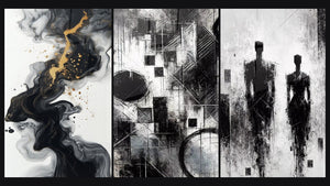 Mosaico de tres cuadros, entre ellos Fragmentos del Absoluto y Caminando en la Sombra