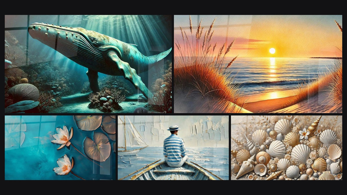 Mosaic of five paintings, including The Art of Water, Jewels of the Sands and When the Day Falls Asleep