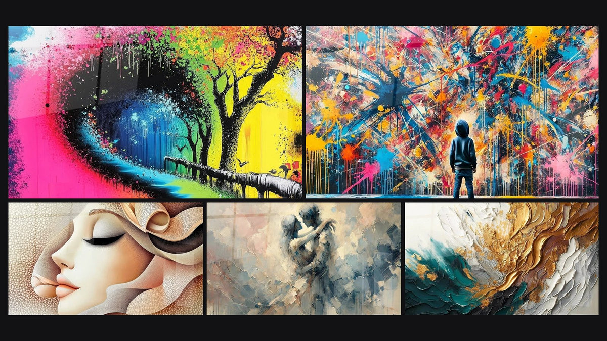 Mosaic of five paintings, including Colorful tree explosion, Woman with Golden Ribbons and Paint Bursts