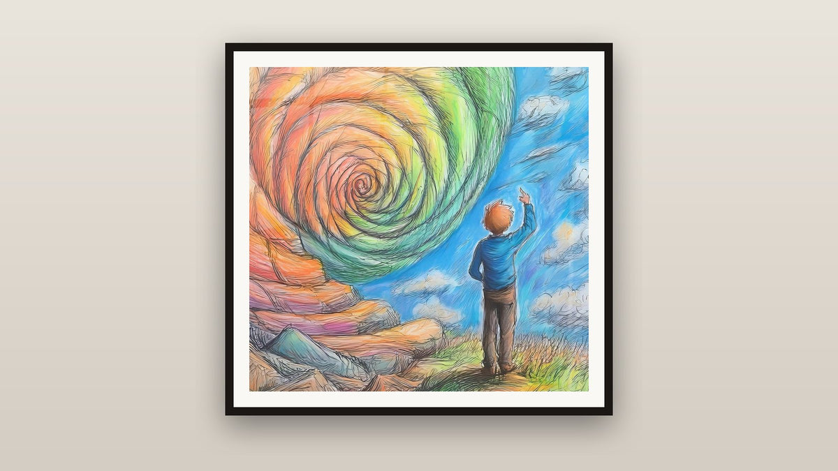 Quadro incorniciato su una parete: Bambino che contempla la spirale cosmica