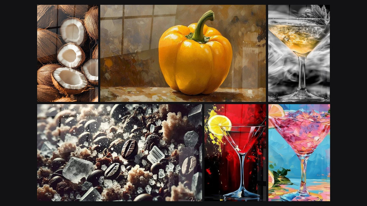 Mosaik aus sechs Gemälden, darunter Splendeur Gourmande, Paprika-Wandbild Nr. 1 und Glas Martini Rot und Gelb Zitrone Ganz