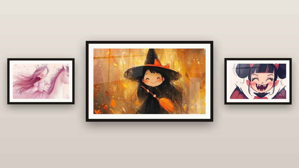 Pared de galería con tres cuadros enmarcados: Vampiro N°1, Tablero bruja N°2 y Princesa N°1