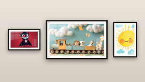 Galerijwand met drie ingelijste schilderijen, waaronder Kinderen nr. 21 en Treintafel nr. 2
