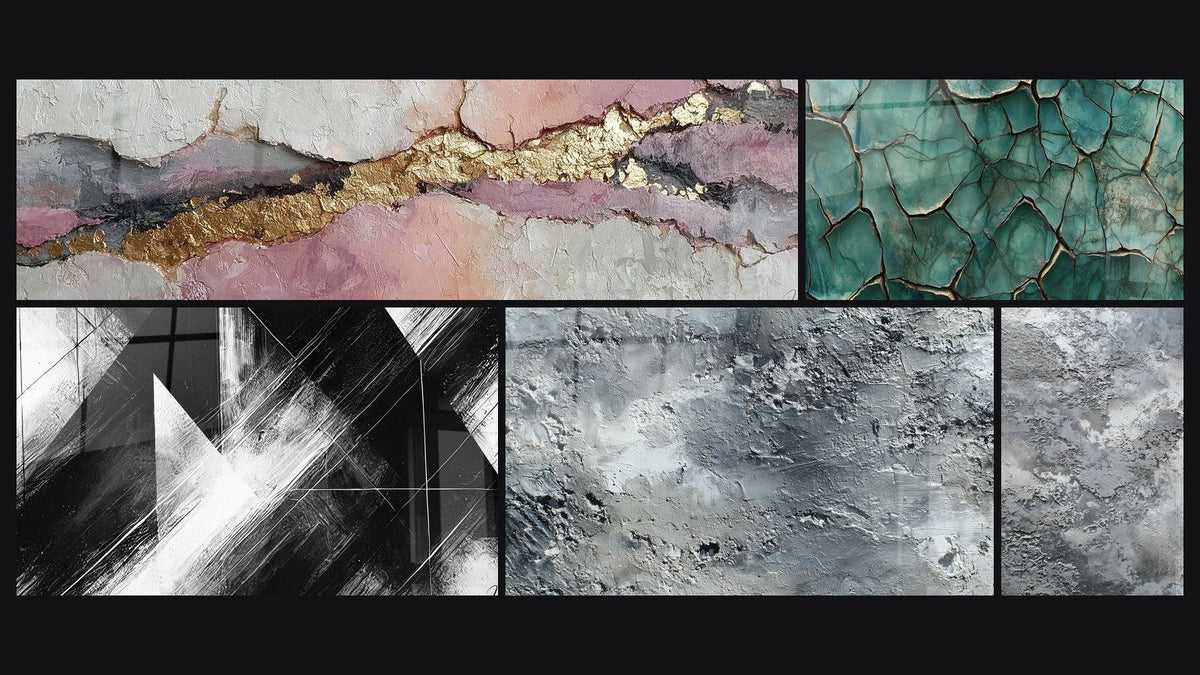Mosaic of five paintings, including Convergence Points, Textured silver-gray abstract and Fractured Earth