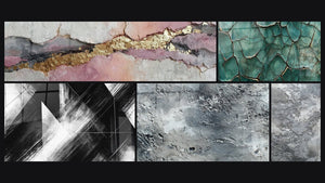 Mosaic of five paintings, including Convergence Points, Textured silver-gray abstract and Fractured Earth