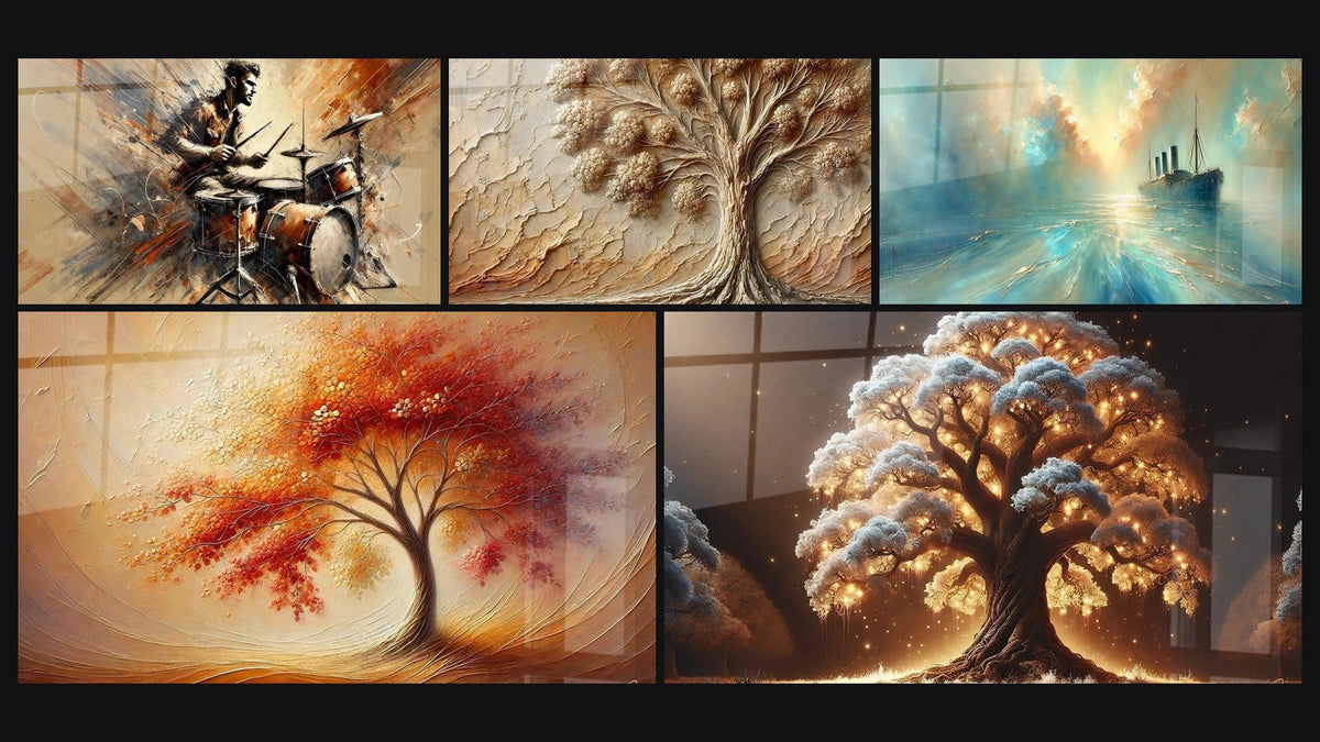 Mosaico de cinco cuadros, entre ellos Batería N°2, Danza de las Estaciones y Árbol Nocturno