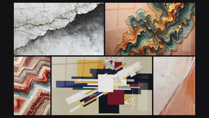 Mozaïek van vijf schilderijen, waaronder Wandtextuur Gescheurd Wit en Grijs en Geometrisch Fusie