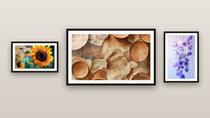 Pared de galería con tres cuadros enmarcados, entre ellos Terracota N°9 y Girasol N°1
