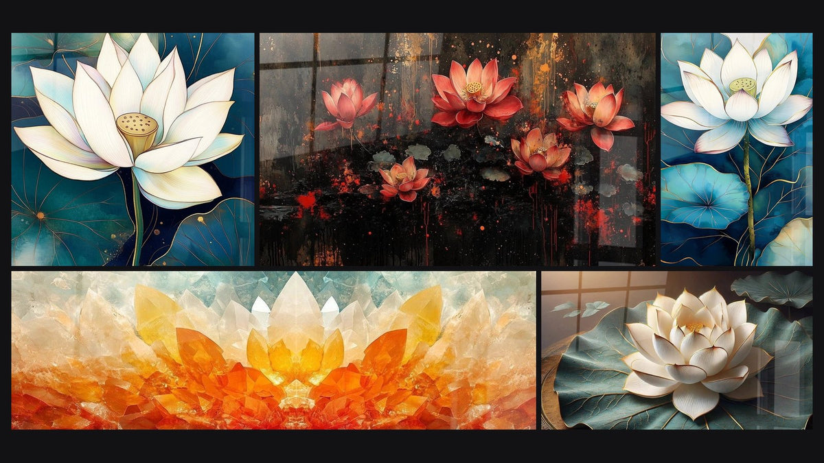 Mosaïque de cinq tableaux, dont Lotus grâce pure, Lotus Nocturne et Lotus éveil des eaux