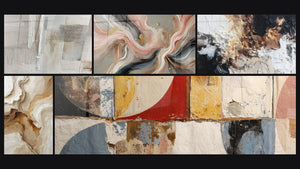 Mozaïek van vijf schilderijen, waaronder Abstracte geometrische vormen en Zijden Stromen