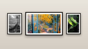 Gallery wall with three framed paintings: Blooming Garden Wall Art from Open Window, Old Lighthouse and Parrot Wall Art N°2