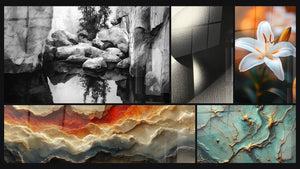 Mosaico de cinco cuadros, entre ellos Paisaje Rocalloso con Reflejo, Olas Geológicas en Cobre y Ríos de Oro