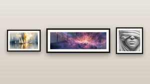 Gallery wall with three framed paintings: Veiled Feminine Face, Dawn Over the Bay and Cosmic Nebula
