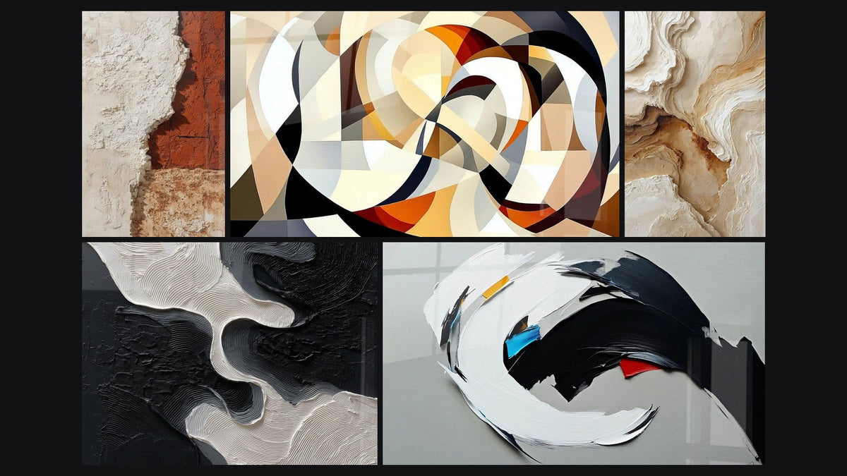 Mosaïque de cinq tableaux, dont Formes circulaires entrelacées, Abstrait Texturé Beige et Ocre et Abstrait dynamique