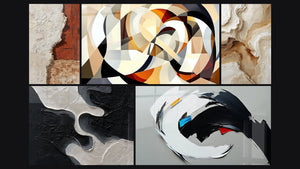 Mosaico de cinco cuadros, entre ellos Formas circulares entrelazadas, Abstracto Texturizado Beige y Ocre y Abstracto dinámico