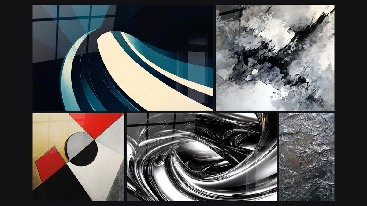 Mosaic of five paintings, including Modern Spiral Wave, Colorful geometric shapes and Metallic Whirlpool