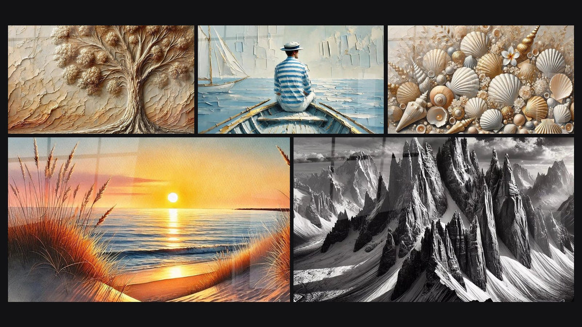 Mosaico de cinco cuadros, entre ellos Árbol del Pasado, El Arte del Agua y Joyas de las Arenas