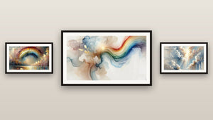 Galerijwand met drie ingelijste schilderijen: Dromerij in Kleuren, Ode aan de Kleur en Ontwaken van de Wolken