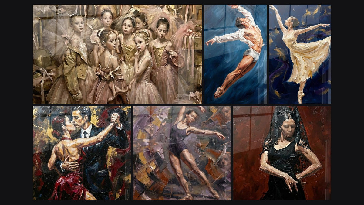 Mozaïek van zes schilderijen, waaronder Danser in Beweging, Ballerina in Beweging en Tango Paar