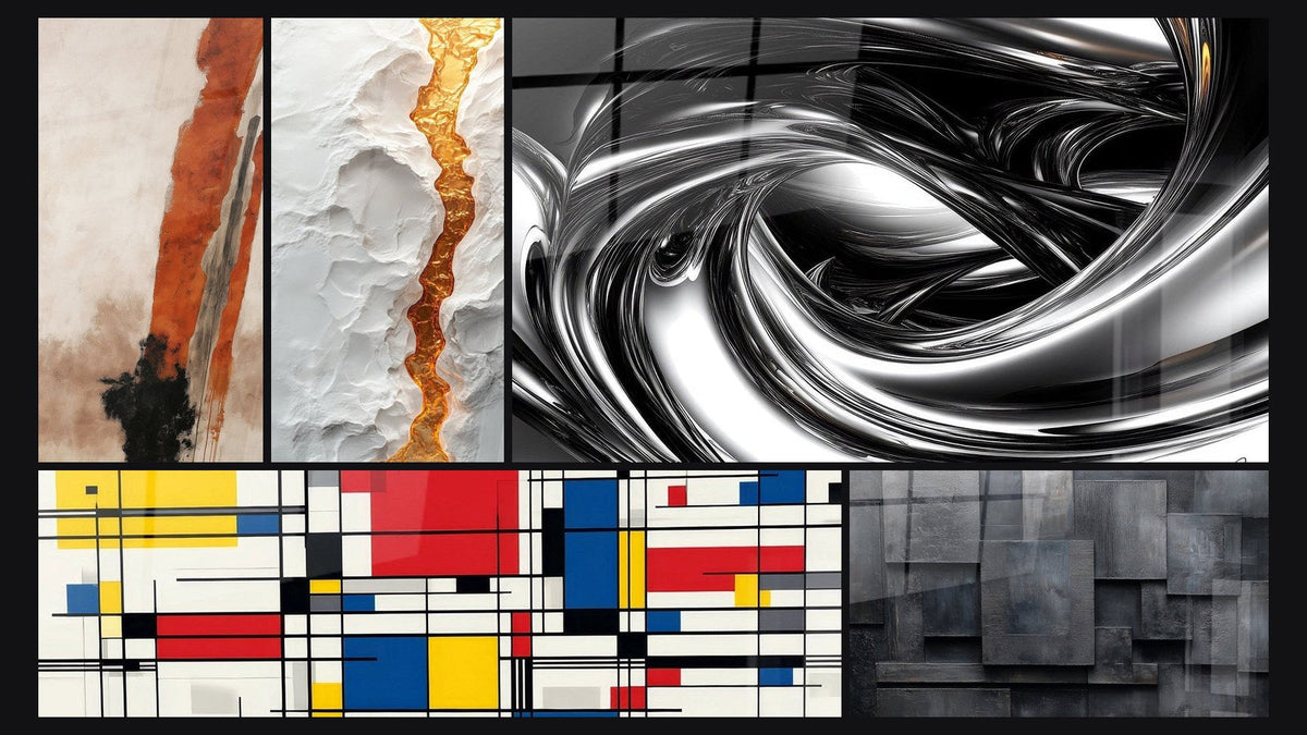 Mosaic of five paintings, including Geometric Composition and Metallic Whirlpool
