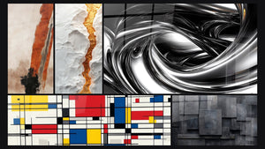Mozaïek van vijf schilderijen, waaronder Tafel geometrische compositie en Abstract geometrisch grijs kolen zwart