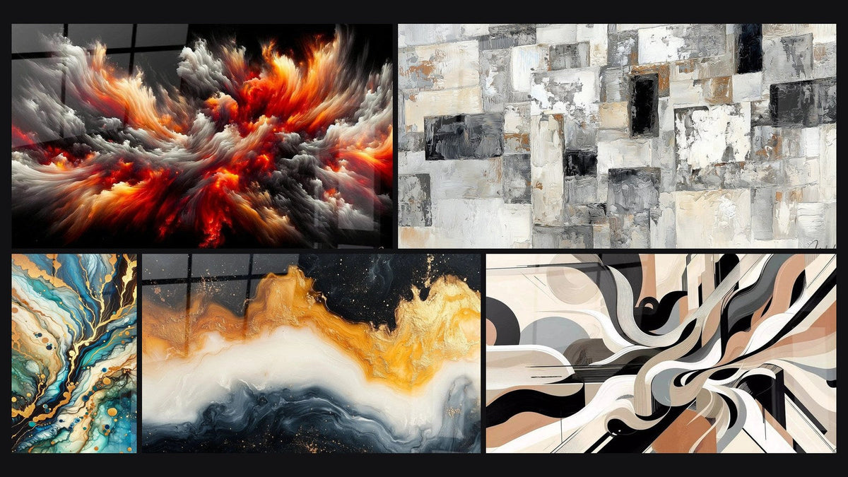 Mosaic of five paintings, including Solar Storm Abyss, Mineral Labyrinth and Eternal Golden Tide