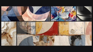 Mozaïek van vijf schilderijen, waaronder Gracieuze Bogen Terracotta, Abstracte bol en Abstracte geometrische vormen