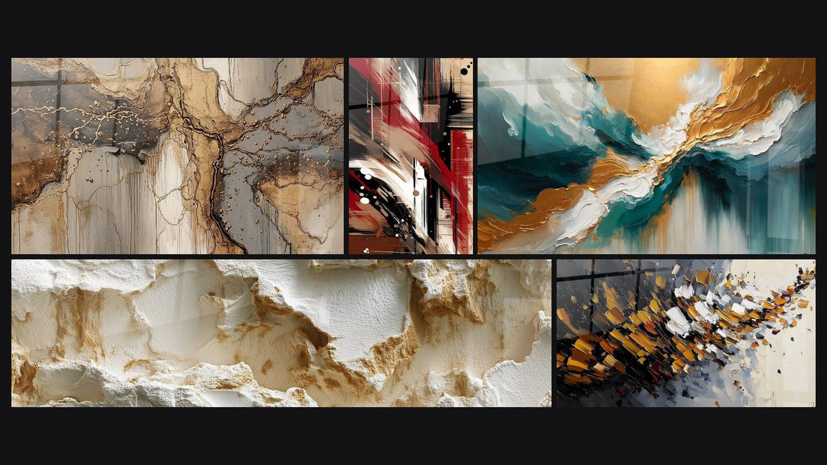 Mosaico di cinque quadri, tra cui Texture bianca erosa con rilievi scolpiti, Esplosione dinamica di e Disordine Strutturato