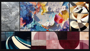 Mosaic of five paintings, including Modern Spiral Wave and Interlaced Circular Shapes