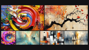 Mosaic of six paintings, including Multicolor Spiral, Colorful spiral and Heart of the Breeze