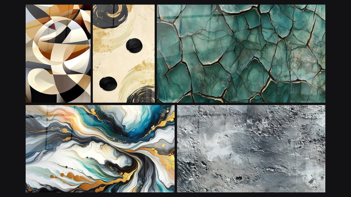 Mosaico de cinco cuadros, entre ellos Formas circulares entrelazadas y Abstracto de Corrientes Coloridas