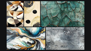 Mosaic of five paintings, including Interlaced Circular Shapes, Colorful Currents and Black Sphere Balance