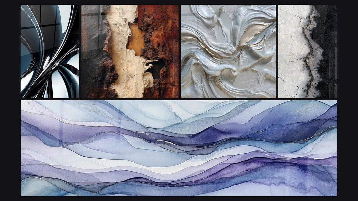 Mosaic of five paintings, including Metallic chrome spiral and Dreamy Scrolls Periwinkle