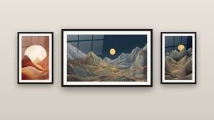 Gallery wall with three framed paintings, including Mountain Landscape and Mountain Art Deco