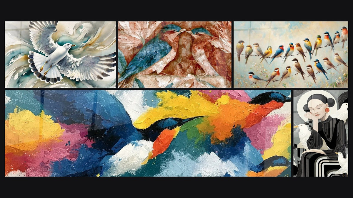 Mosaik aus fünf Gemälden, darunter Der Vogel der Sonne, Vögel blau und terrakotta auf Ast und Komplizen des Windes