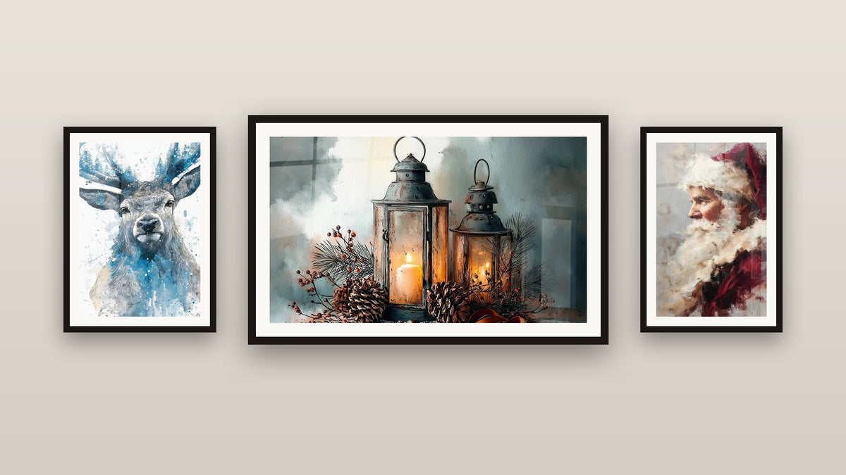 Gallery wall with three framed paintings, including Lanterns Old-Fashioned Vigil