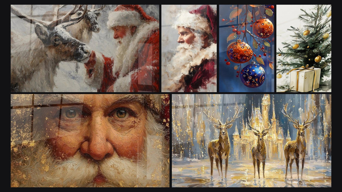 Mosaïque de six tableaux, dont Renne Confidence au cœur de l'hiver et Père Noël Éclat d'Étoile dans les Yeux