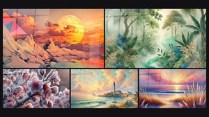 Mosaic of five paintings, including Crystalline futuristic landscape, Frozen Petals and Mystery Jungle