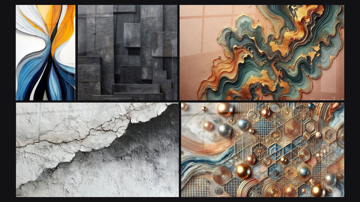 Mosaik aus fünf Gemälden, darunter Dynamische farbige Fluss-Leinwand, Kupferwelle und Kupfer-Mosaik