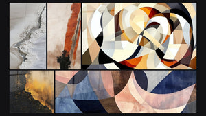 Mosaic of five paintings, including Interlocking circular shapes