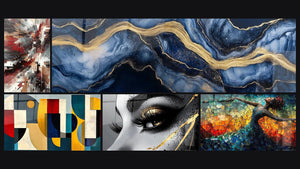 Mosaic of five paintings, including Dynamic Explosive Noise Abstract, Colored geometric shapes and Golden Tear Eye