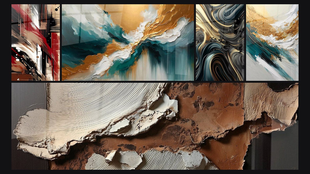 Mosaik aus fünf Gemälden, darunter Licht der Abgründe, Opulente Wellen und Abstrakte Texturen Erde und Creme