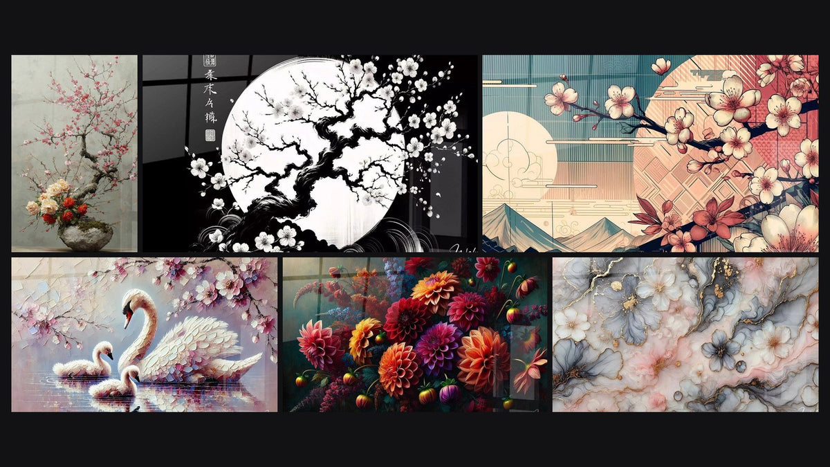 Mosaic of six paintings, including Morning Flowers, Floral Symphony and Flowers in Moonlight