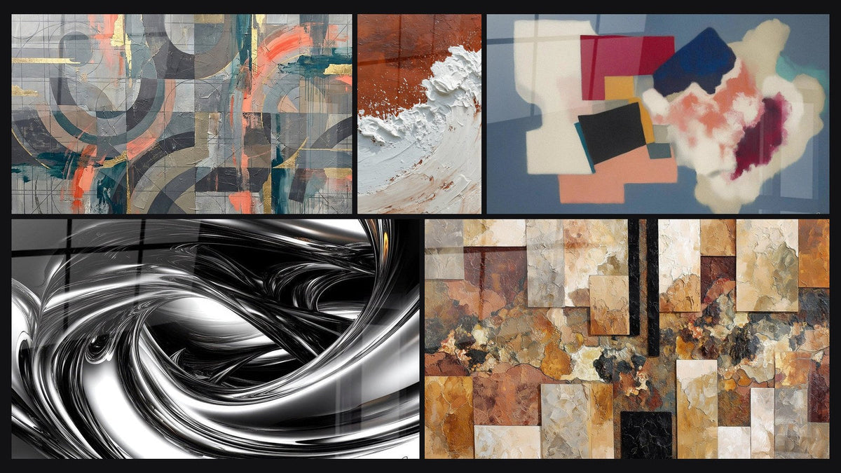 Mosaïque de cinq tableaux, dont Cercles gris et corail entrelacés, Tourbillon métallique et Formes géométriques poésie carrée