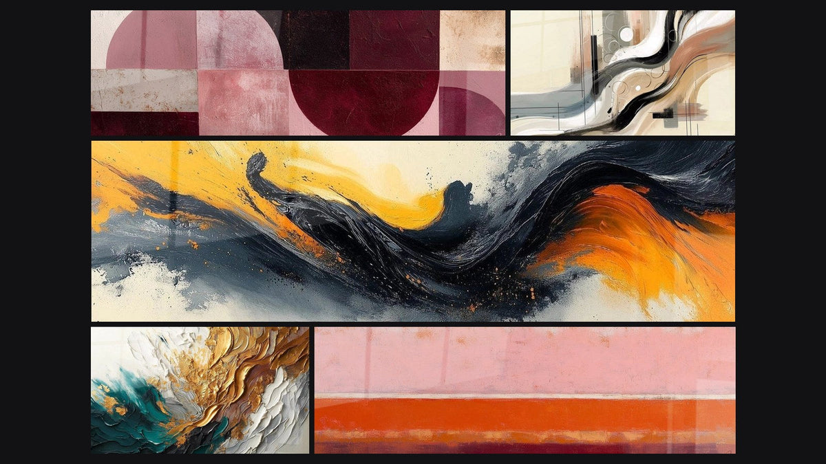 Mosaic of five paintings, including Contrasted Symphony Black, Sillage Abstract and Trace Artwork in Gold and Jade