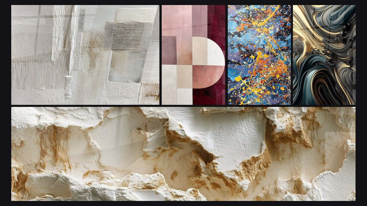 Mosaïque de cinq tableaux, dont Explosion de couleurs et Ondulations Opulentes