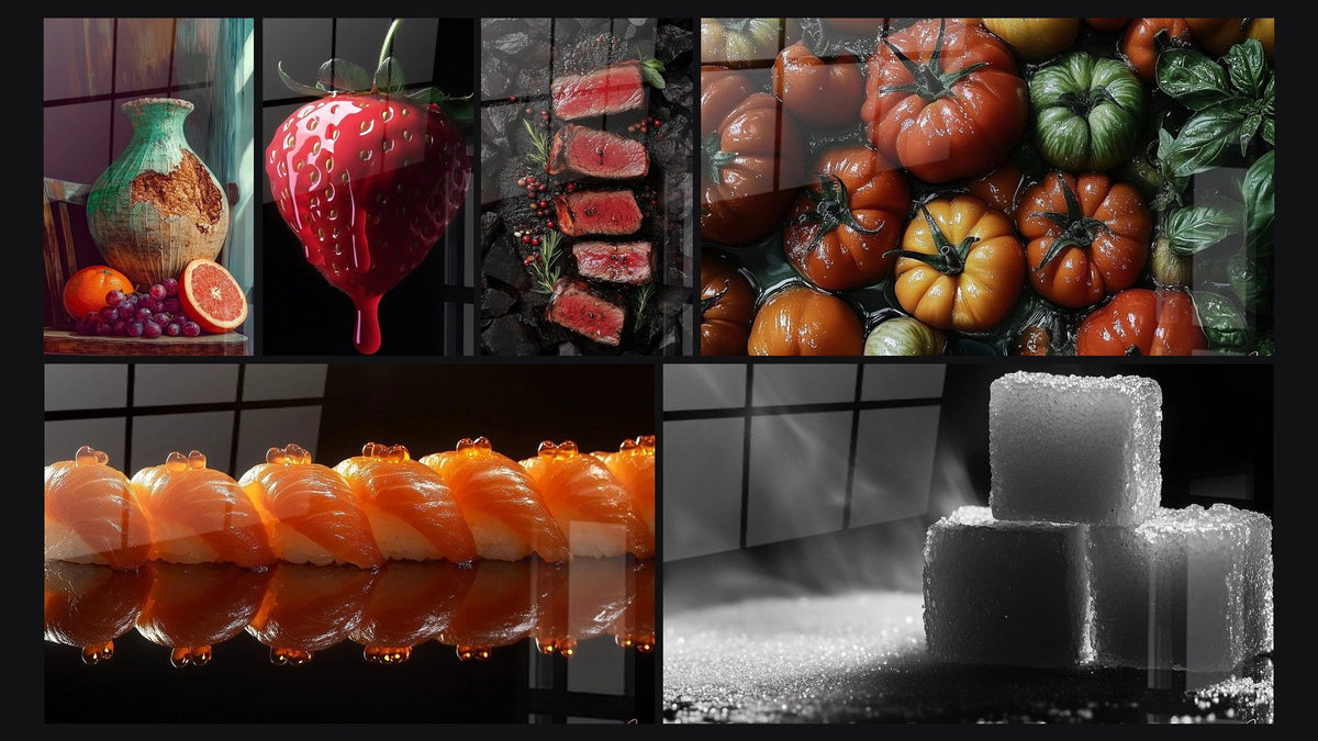 Mosaïque de six tableaux, dont L'Orange et la Patine, Fraise N°1 et Viande N°1