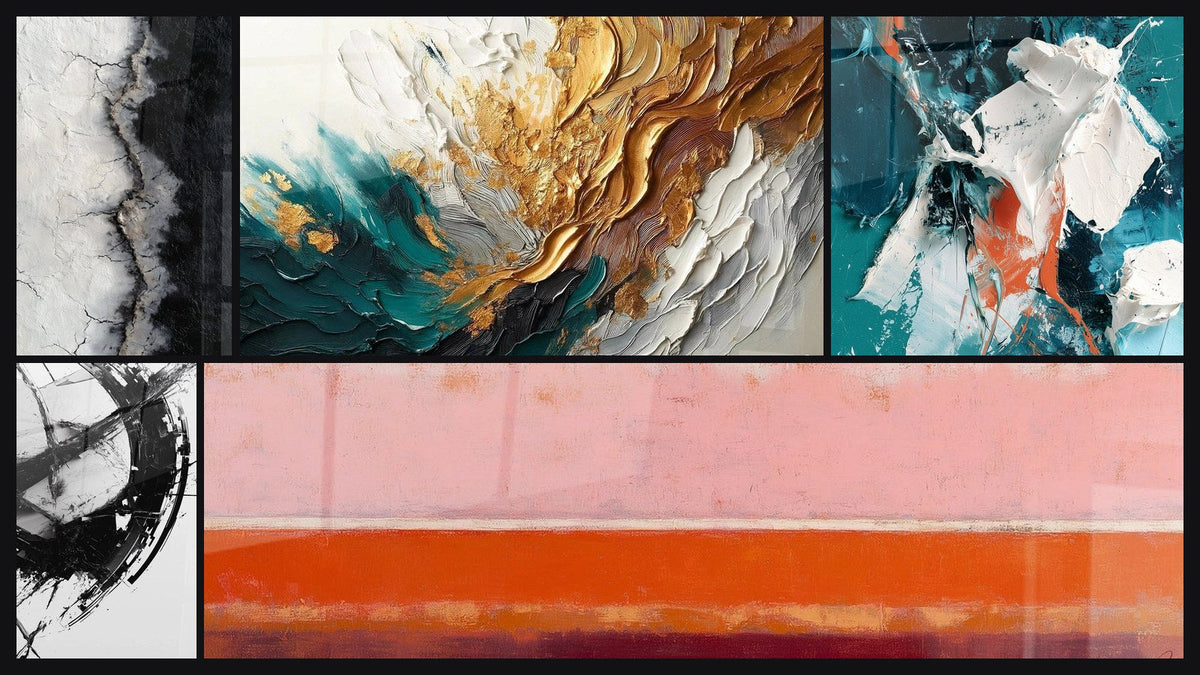 Mosaic of five paintings, including Trace Artwork in Gold and Jade, The Break in Time and White Shimmer and Teal in Relief