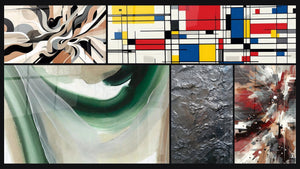 Mozaïek van vijf schilderijen, waaronder Grafische Trillingen, Tafel geometrische compositie en Smaragd Zijde