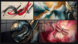 Mosaic of five paintings, including Gestural Movement, Abyss Light Abstract and Opulent Undulations
